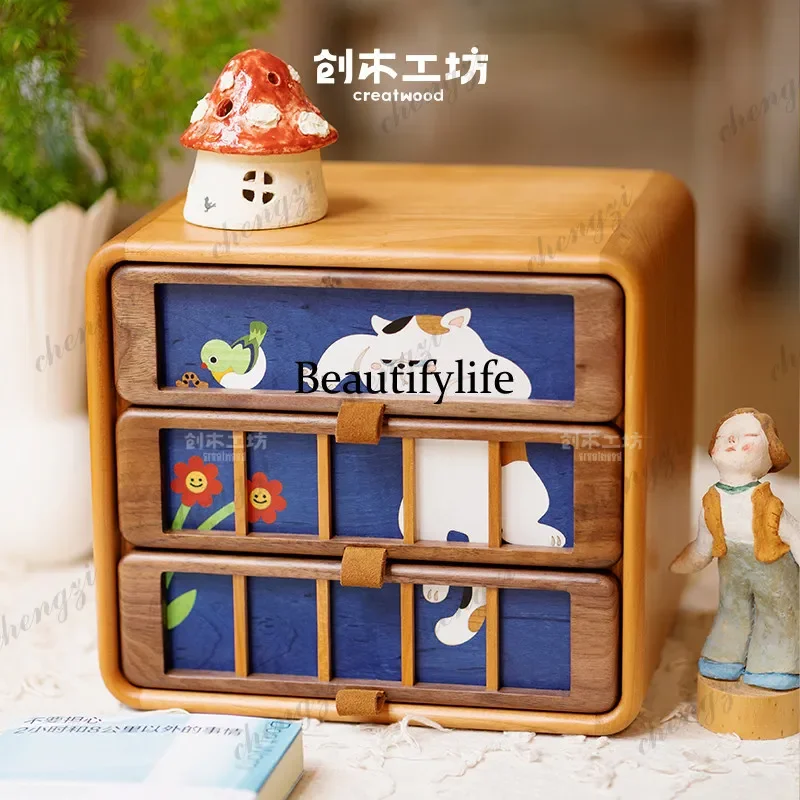 Storage cabinet/solid wood cat bird tea desktop sundries jewelry multi-layer storage box creativity d178