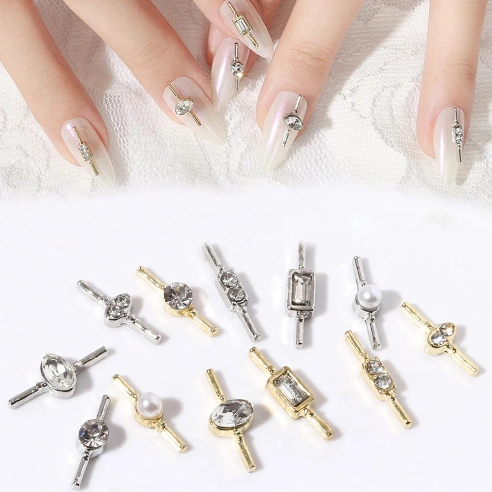 

10Pcs Luxury Alloy Jewelry Nail Art Charm 3D Gold Silver Diamond Pearl Alloy Stick Nail Ornament DIY Exquisite Nail Accessories