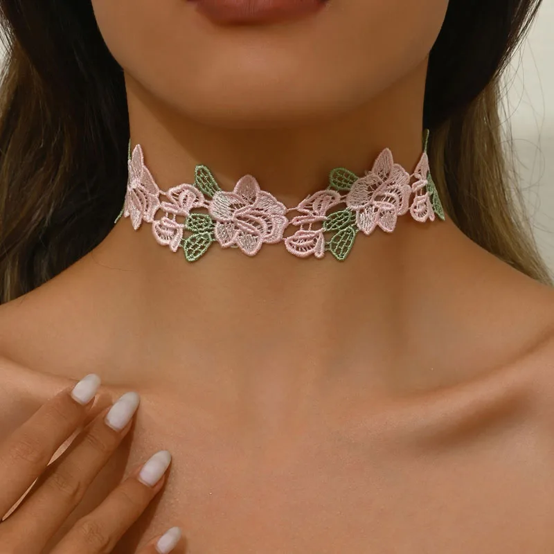 Colar Choker de Renda com Flores e Folhas em Rosa para Mulheres, Acessório de Moda Sexy, Presente para Senhoras