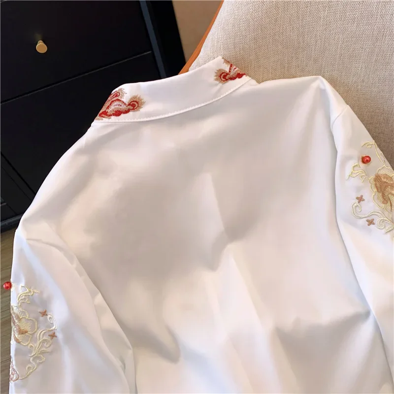 Chiffon Chinese Style Women's Shirt Summer Vintage Embroidery Blouses Loose Long Sleeves Women Tops Fashion Clothing 2024 Korean