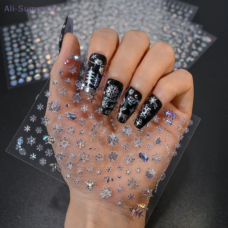 1 ورقة عيد الميلاد 5D الإغاثة الذهب الفضة مسمار ملصقات فنية الليزر ندفة الثلج ثلج شجرة عيد الميلاد مسمار ملصقات السنة الجديدة مانيكير ديكور