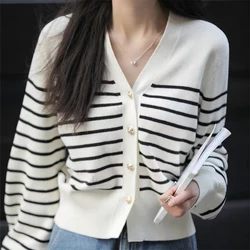 V-Neck Striped Knitted Cardigan Women Spring Autumn Simple Long Sleeve Single Breasted Short Knit Sweater Outerwear