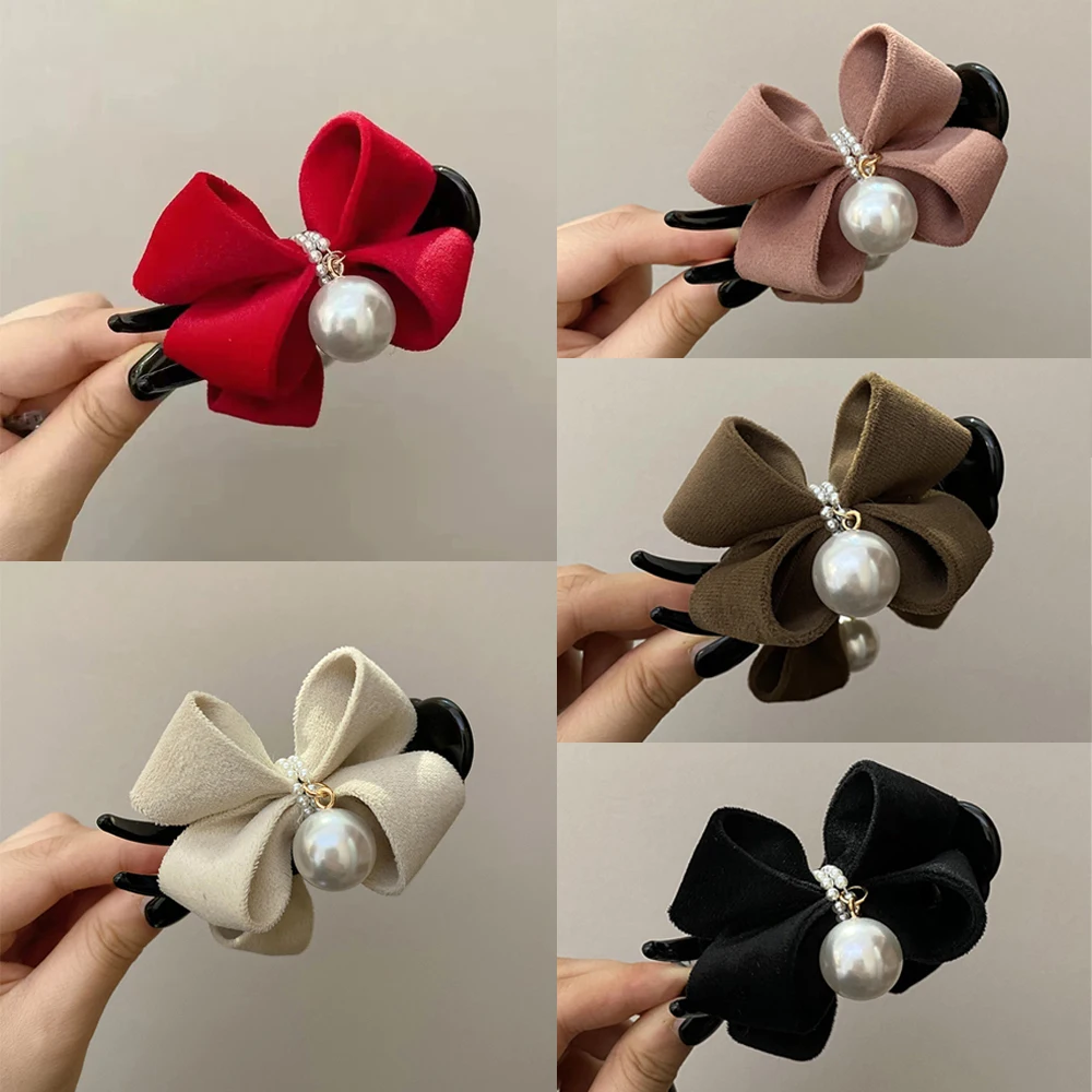 

5 шт., модные женские заколки для волос с бантом и жемчугом, комплект плюшевых тканевых заколок для волос, милые аксессуары для укладки волос для девочек, подарок
