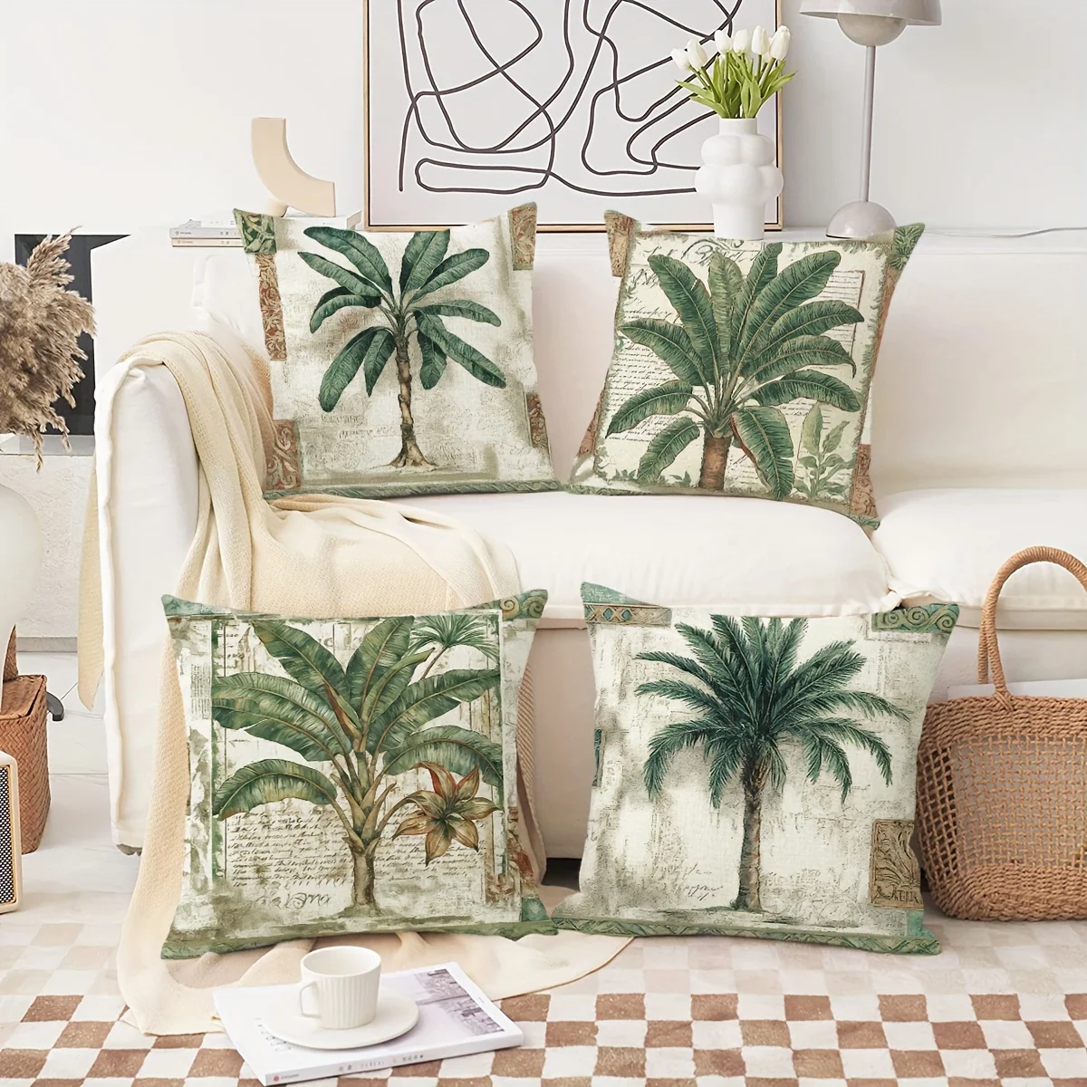 

4pcs Tropical palm tree pillowcase, vintage green leaf farmhouse style cushion cover, living room decoration, 2D flat print