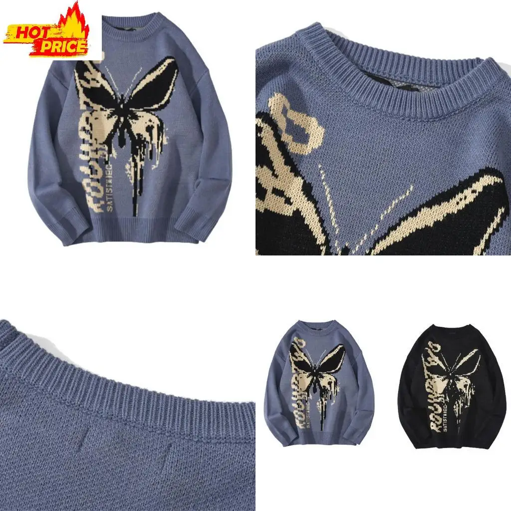 

Men Women Autumn Long Sleeve Knit Sweater Harajuku for Butterfly Jacquard Pattern Pullover Top Oversized Loose Hip Hop Jumper