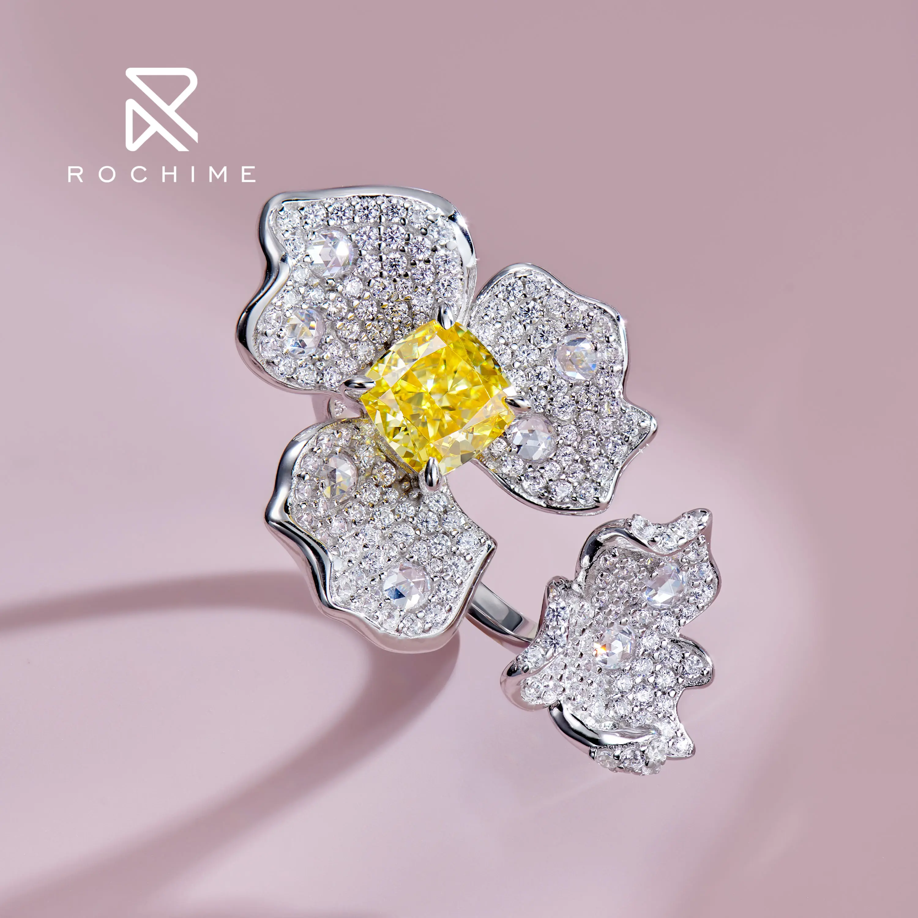 Rochime-Anillo de Plata de Ley 925 con forma de racimo de flores para mujer, sortija de diamante amarillo ajustable, joyería chapada en oro