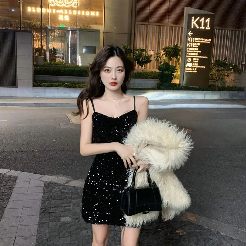 Korea Sequins Dresses Women Sexy Vintage Tunic Elegant Ladies Spaghetti Straps Fashion Solid Mini Night Party Slim Vestido