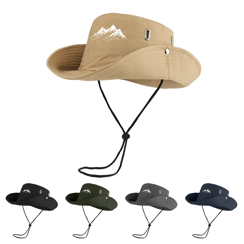 Mountain Print Outdoor Sun Hat - Wide Brim Breathable Bucket Hat with Chin Strap - for Hiking & Camping