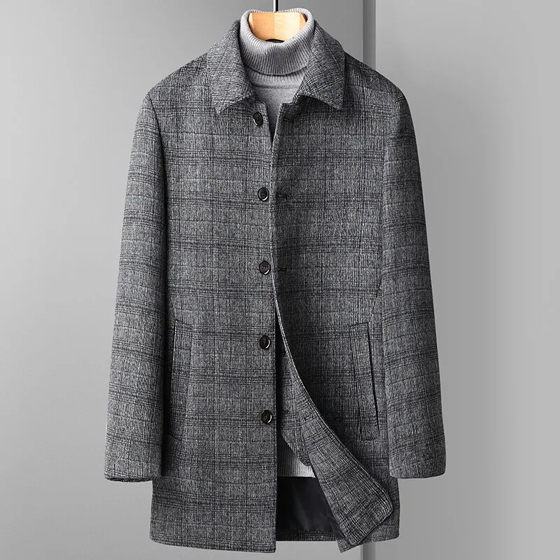 2024 Winter New Men's Checkered Medium Long Woolen Coat with Thick Velvet for Warmth and Leisure, Detachable Down Inner Tank