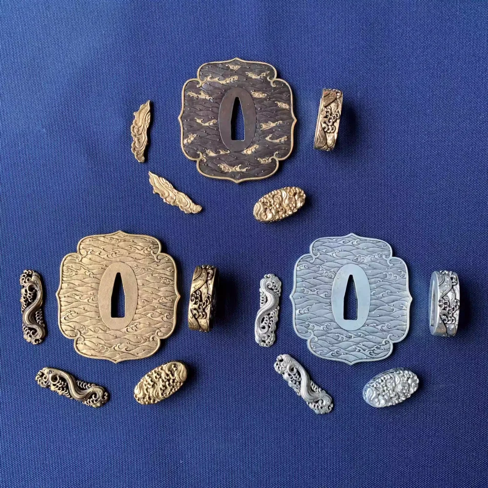 Set of Brass Copper Gilded w/ Gold & Silver Katana Sword Tsuba Fuchi Kashira Menuki Accessories for Katana Tachi Wakizashi Sword