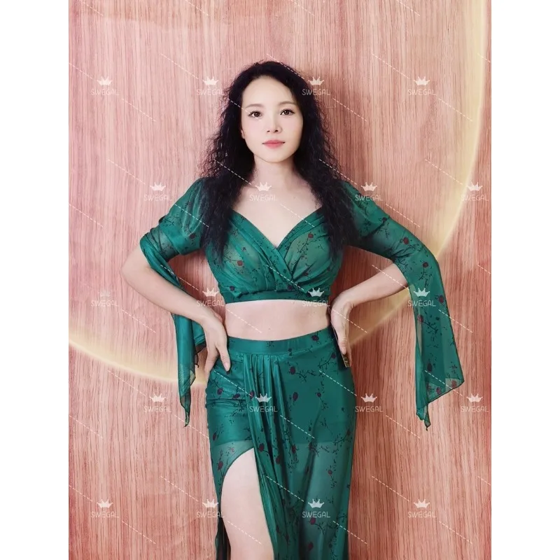 

Сексуальные костюмы для танца живота с v-образным вырезом по индивидуальному заказу, тренировочный комплект, платье для восточных танцев, сетчатое платье с разрезом и длинной юбкой с морщинами