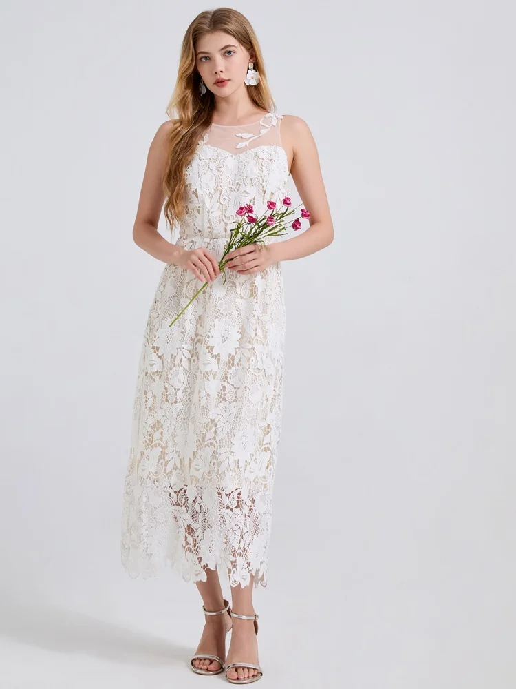 High Quality Lace Hollow Out Mesh Spliced O-Neck Summer Dress Women's Sleeveless Embroidery Water-Soluble Runway Long Dresses