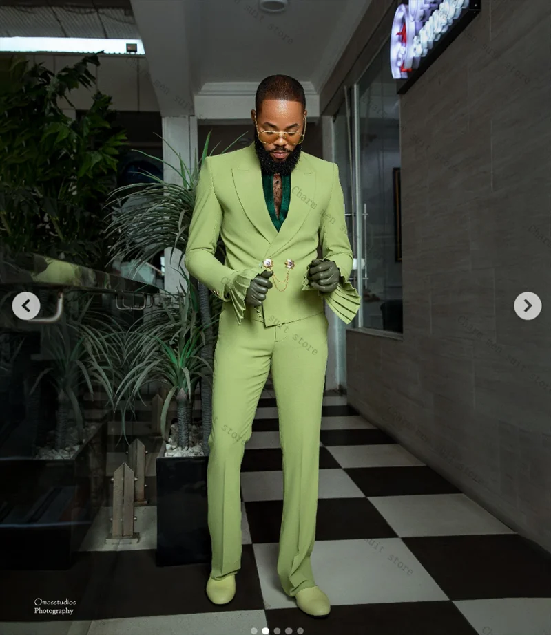 

Green Men Suits Set 2 Pieces Blazer+Pants Trousers Flare Sleeves Wedding Tuxedos Formal Office Groom Prom Jacket Cotton Coat