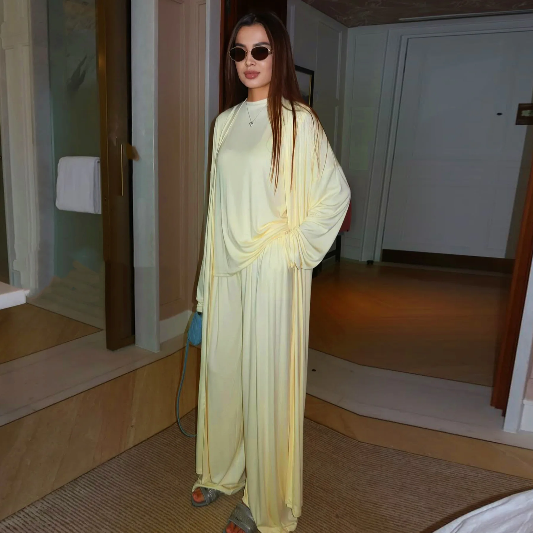 

3PCS Eid Muslim Women Matching Sets Kimono Cardigan Tops Pants Abaya Femme Musulmane Ensembles Ramadan Outfits Islam Clothing