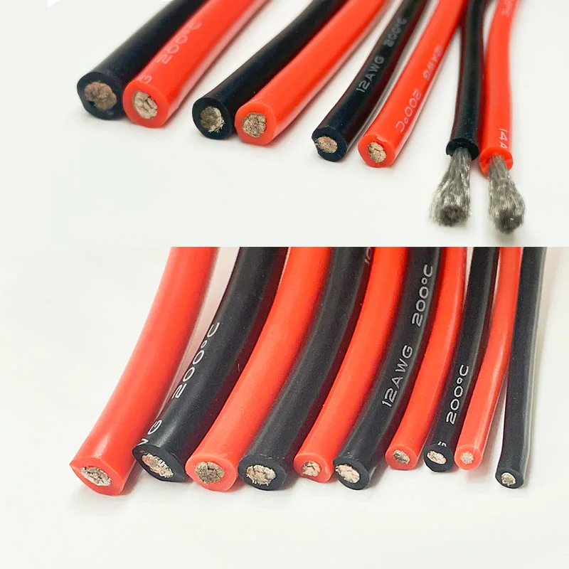 Câble d'alimentation électrique pour batterie de voiture en silicone super doux rouge et noir, résistant à la chaleur, calibre 28awg, 26, 24, 22, 20, 18, 16, 14, 12, 10, 8awg, 6awg