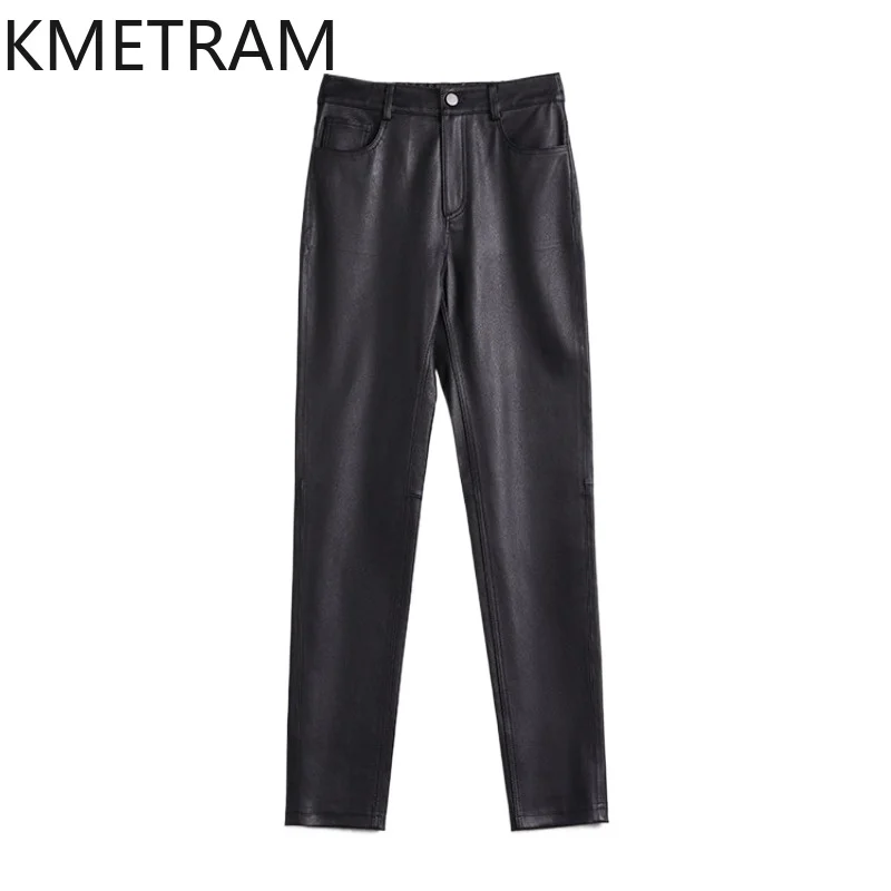 KMETRAM High Stretch Sheepskin Genuine Leather Pants Baggy Tight Slimming Skinny Trousers Autumn Winter Pants for Woman Pantalon