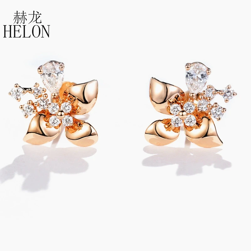 HELON 14K Rose Gold Lab Grown Diamond Engagement Stud Earrings Moissanite Vintage Classic Wedding Earrings Jewelry Women Gift