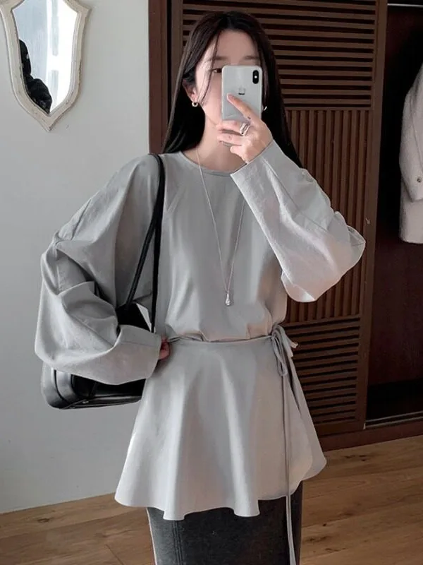 Retro Chic Loose Women's Shirt with Belt round Neck Two-Piece Set for Autumn Light Maturity Style Korean Style Streetwear