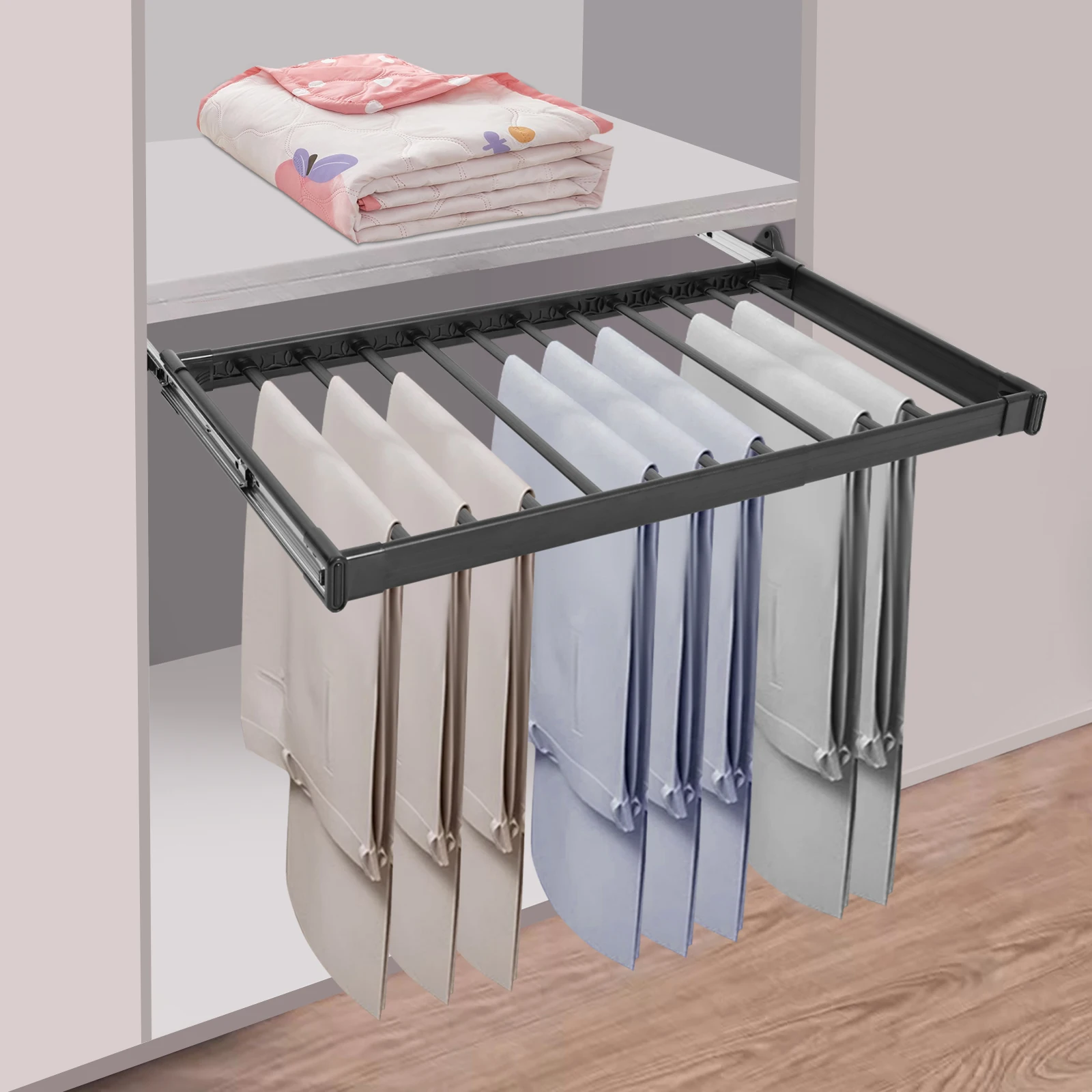 

Black Pull Out Pants Rack for Closet Retractable Wardrobe Trousers Rack 60-85cm