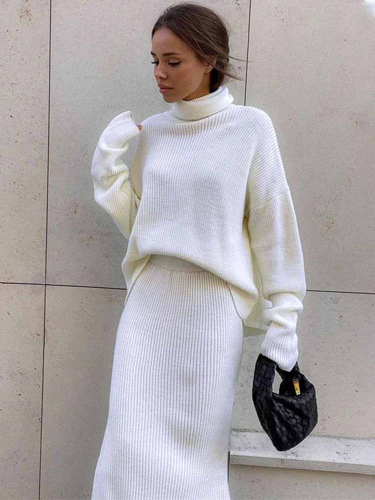 Tossy Knitted  2 Piece Outfit Set Casual Long Sleeve Sweater Top And Pencil Long Skirts Elegant Autumn Two Piece Sweater Sets