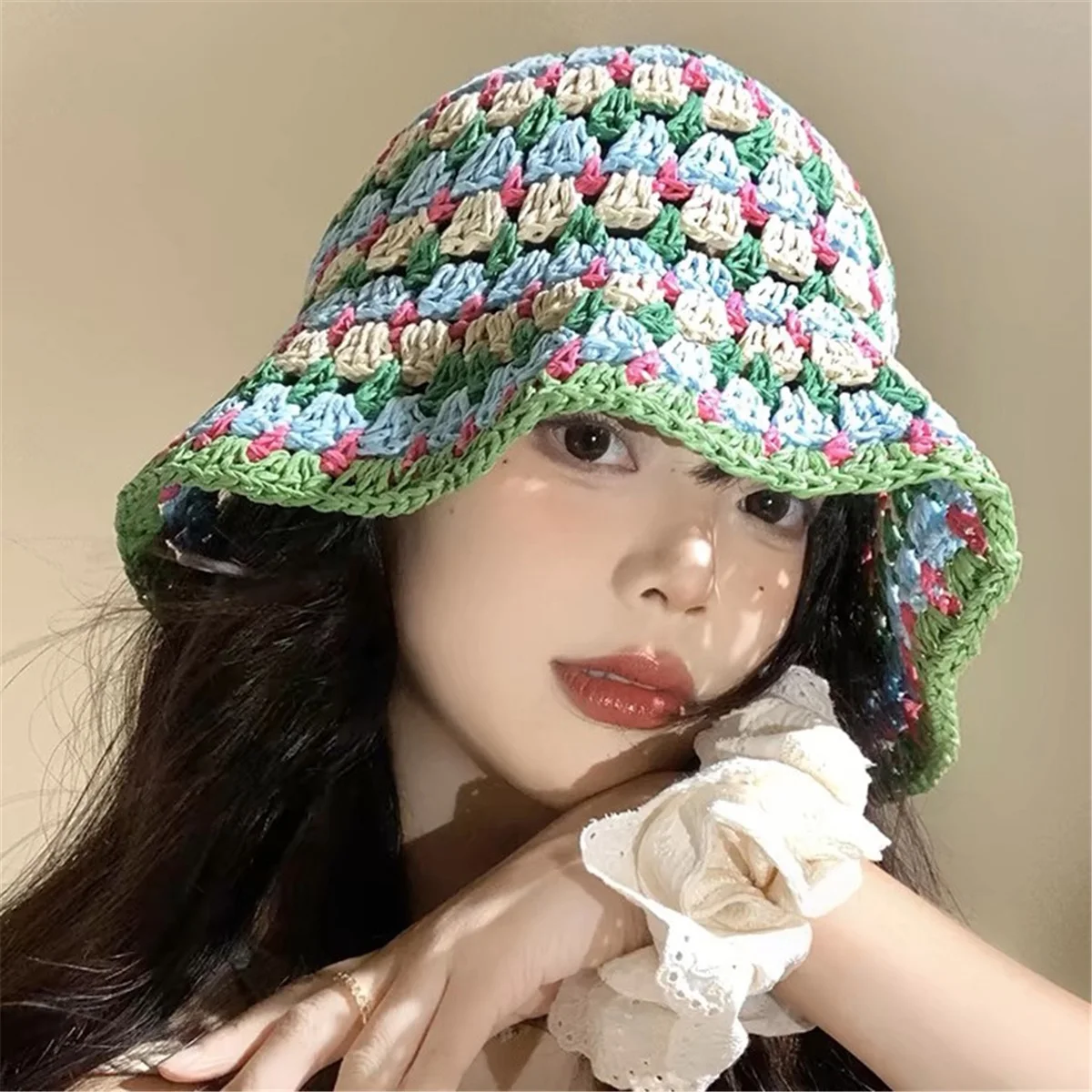Colorful dopamine striped hollow straw hat for women summer seaside vacation fisherman hat