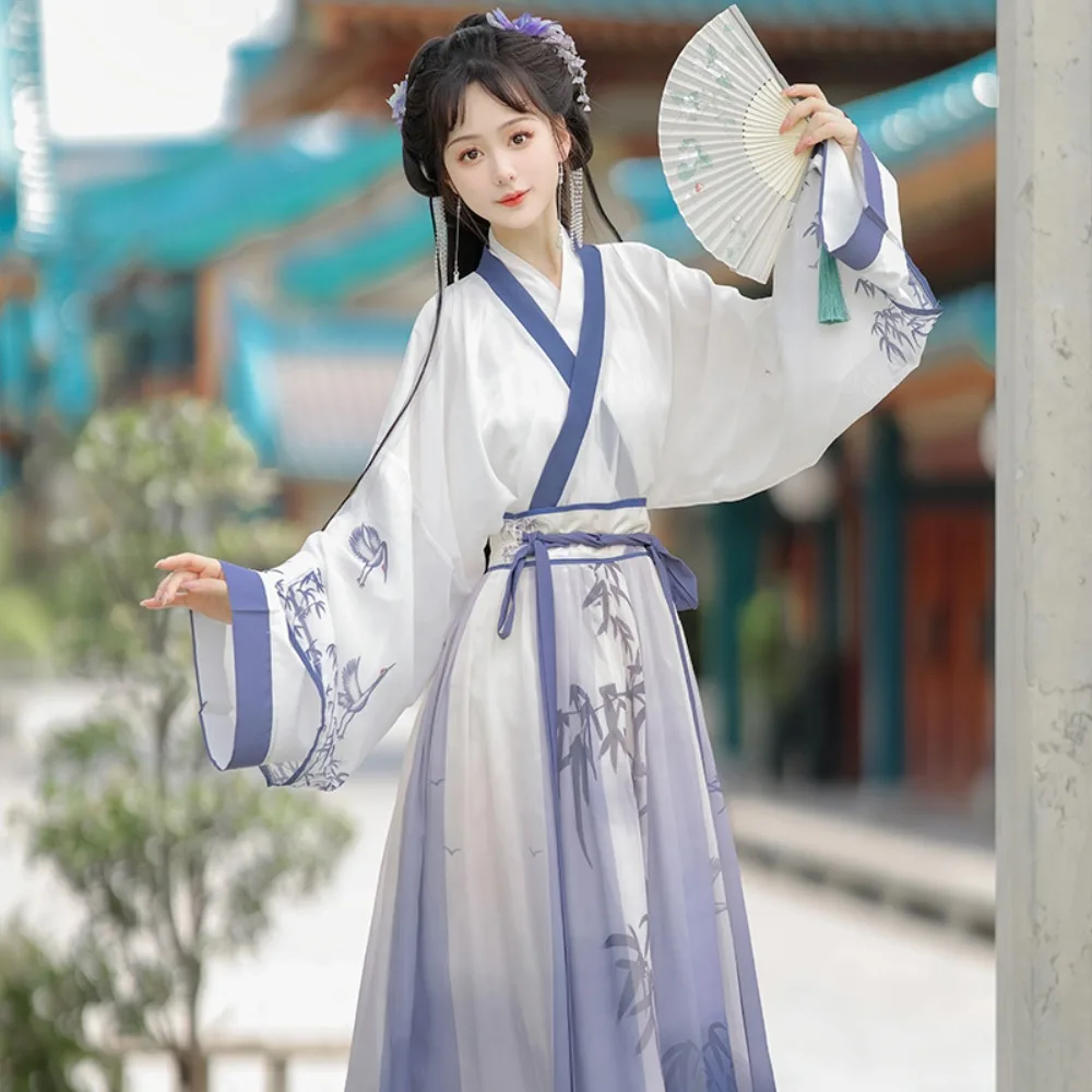 

New Original Wei Jin Hanfu for Women, Chinese Style Embroidered Cross-Collar Waist-High Ruqun, Elegant Daily Traditional Costume