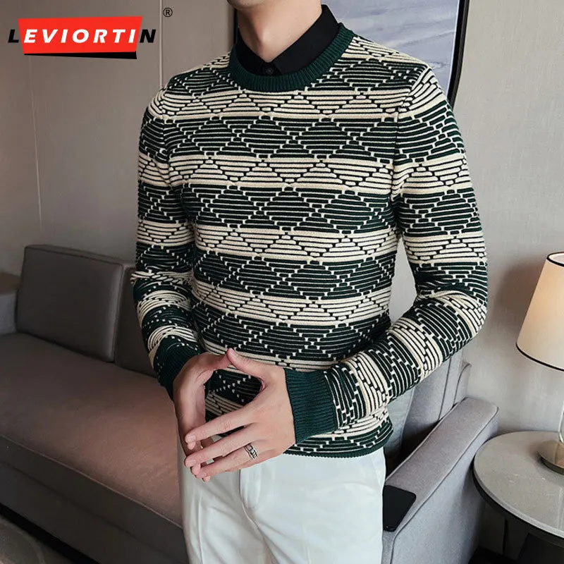 Spring and Autumn New Men's Fake Two Piece Sweater Slim Fit Fashion High Quality Checkered Knitted Shirt Men's Casual Pullover