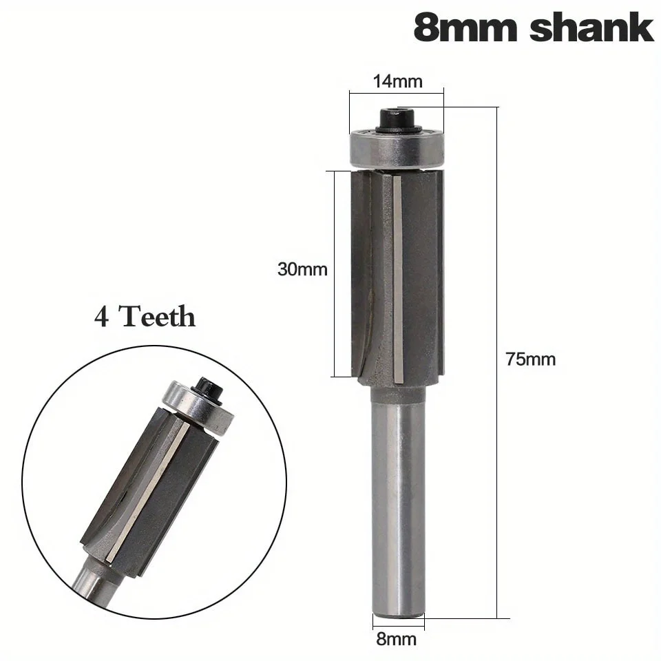 4 Teeth Router Bit Extra Long Bearing Woodworking Tools Milling Cutter 8mm Shank Wood Router Cutter 30mm Blade 14mm Bearing