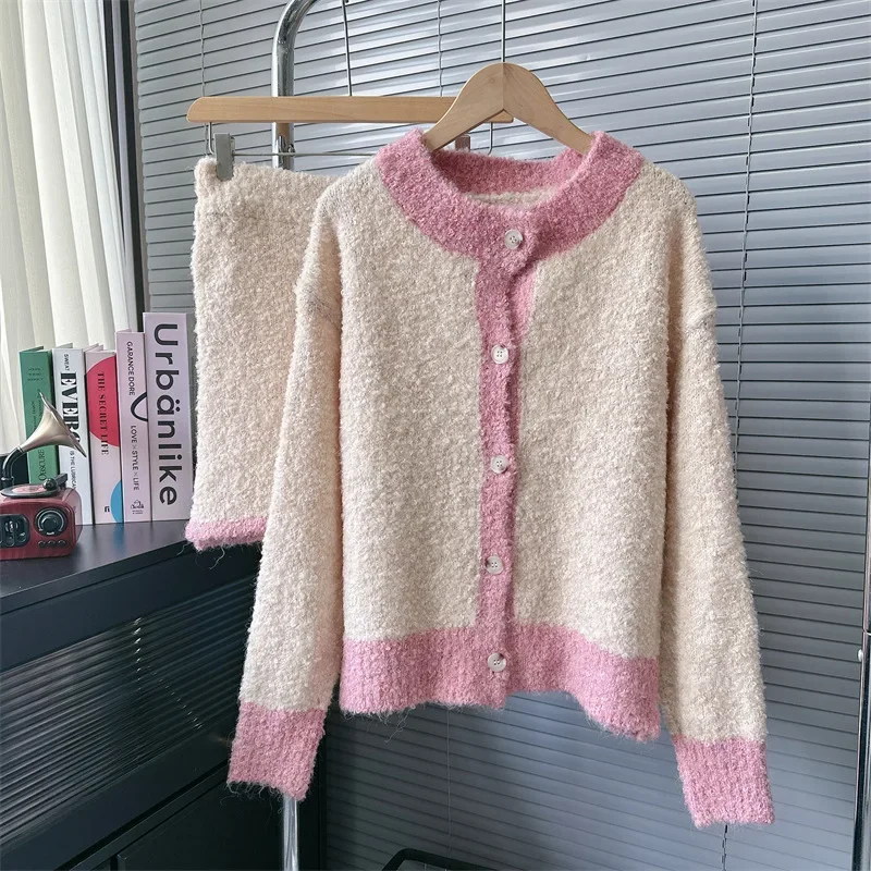 

Autumn and winter outfits for women, gentle pink knitted cardigan sweater jacket, high waist skirt two-piece set