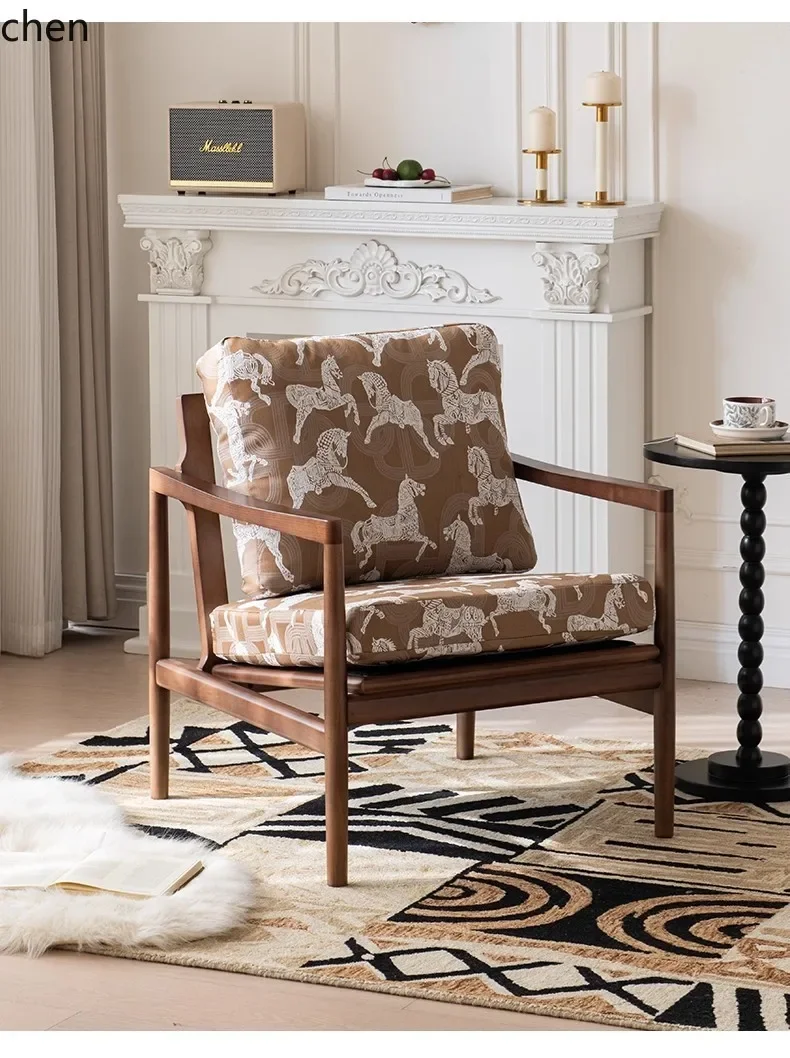 HT   Casual Home Solid Wood Sofa Chair Living Room Balcony Backrest Printed Fabric Sofa Chair