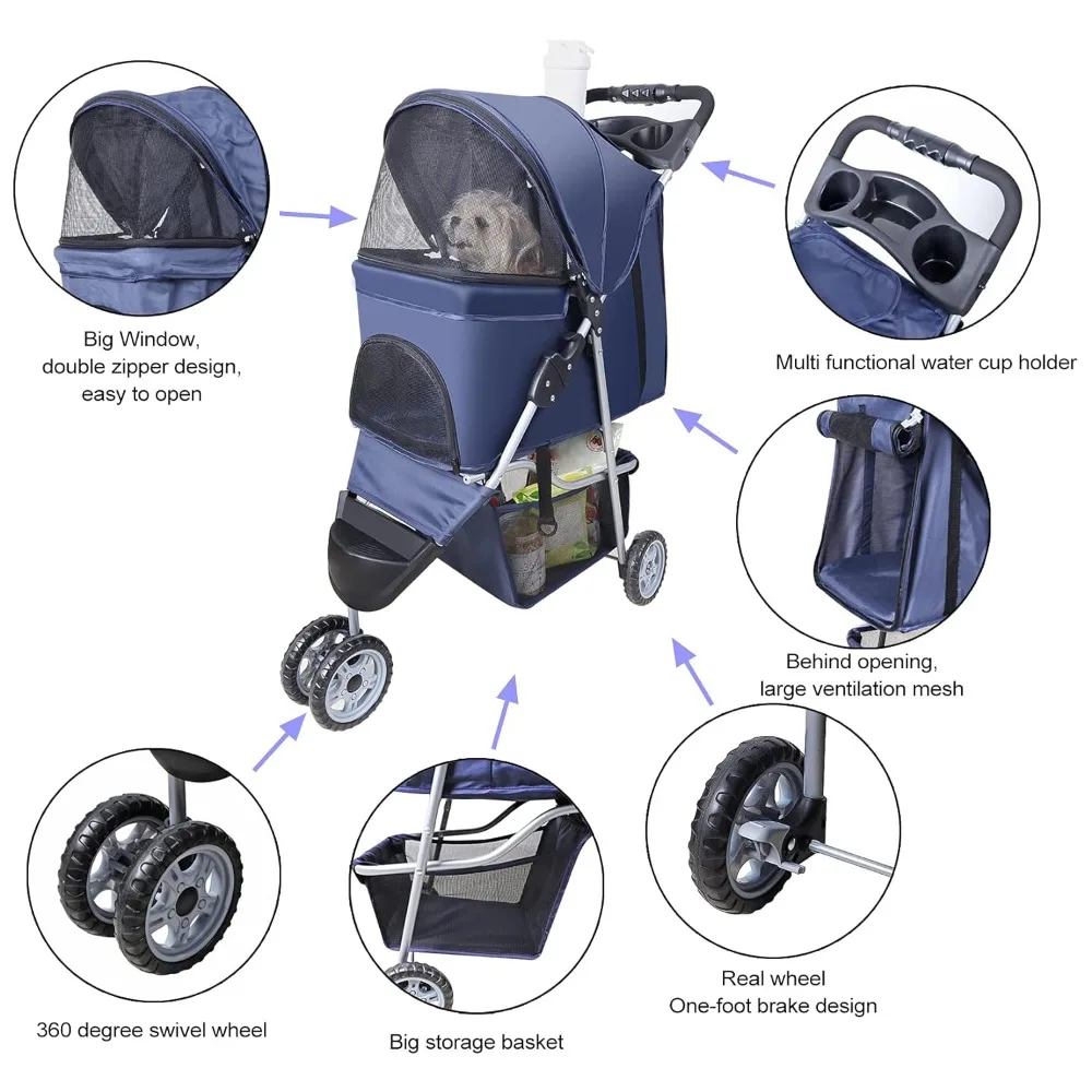 Kinderwagen für kleine mittelgroße Hunde und Katzen, 3-Rad-Kinderwagen zusammen klappbar flexibel leicht zu tragen für Jogger Jogging Walking Travel