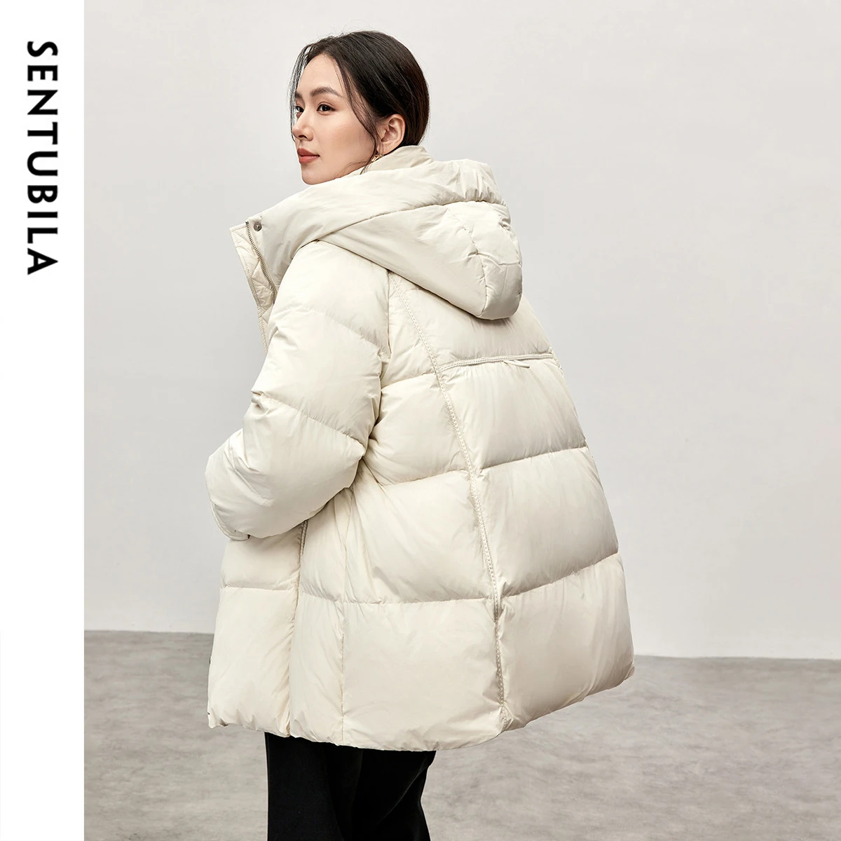 SENTUBILA 90% White Duck Down Coat for Women 2024 Winter Hooded Stand Neck Zipper Thick Warm Puffer Jacket Women W44Y57034