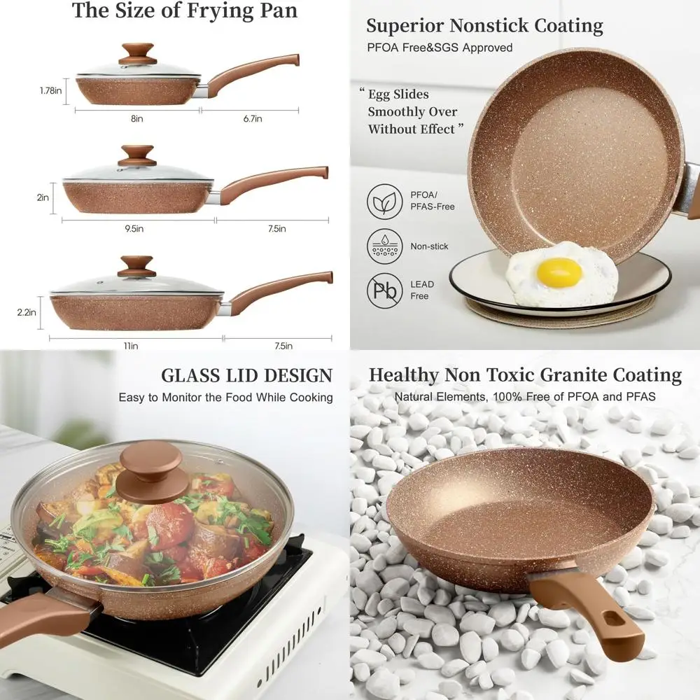 

Набор посуды из 3 предметов с гранитным антипригарным покрытием, индукционные сочетания с крышками, без PFOA, безопасный для яиц и жарки