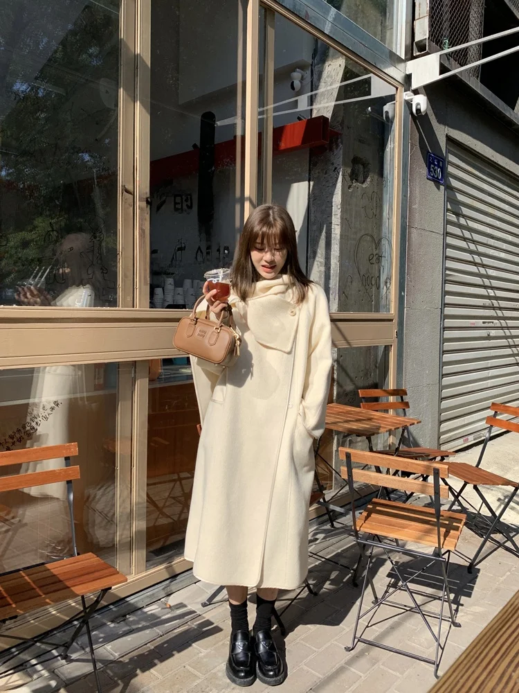 

Двусторонний шерстяной шарф для женского длинного пальто, осенне-зимняя модная элегантная верхняя одежда средней длины от Icyangstore