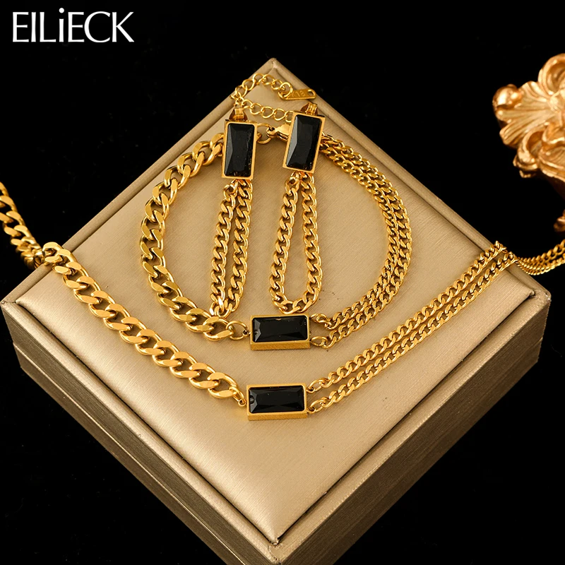 EILIECK 316L Stainless Steel Black Crystal Zircon Necklace Bracelet Earrings For Women New Trend Gift Waterproof Jewelry Set