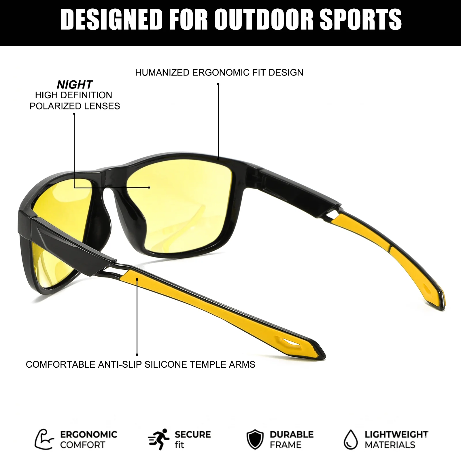 Polarisierte Nachtfahrbrille mit quadratischem Rahmen, rutschfeste Silikonbügel, Anti-High-Beam-Blendschutz, für Nacht, Regen, Nebel, UV400, zum Fahren und Radfahren – Detail 11
