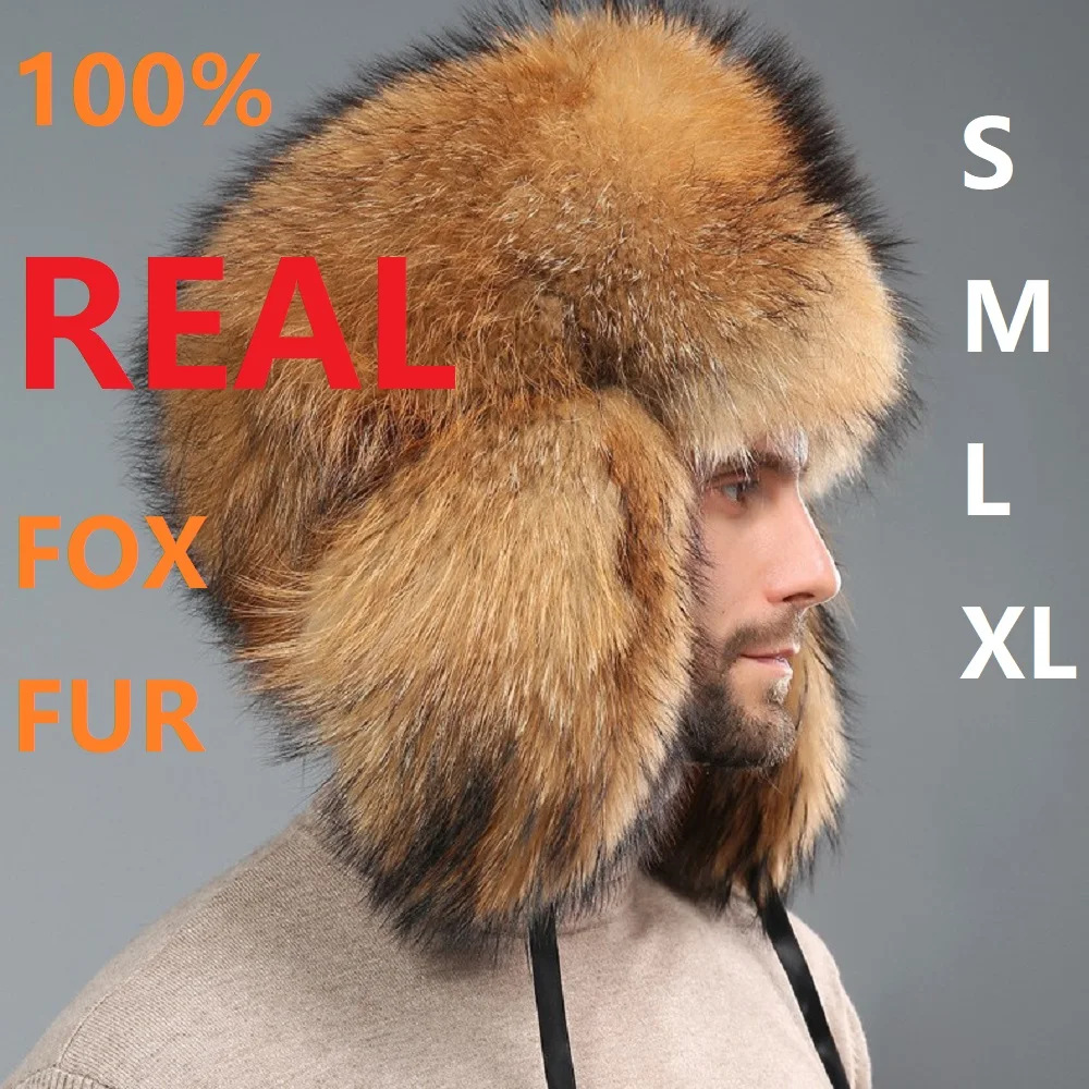 

Real Fox Fur Caps Men Trapper Hat Russian Ushanka Aviator Earflap Hat Windproof with Ear Protect for Cold Weather Skiing Brown