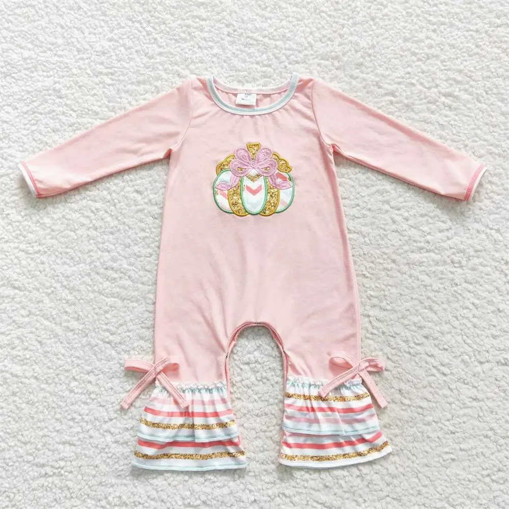 

Wholesale Kids Thanksgiving Pumpkin Romper Newborn Baby Girls Pink Cotton Stripes Ruffle Jumpsuit Toddler Children One-piece