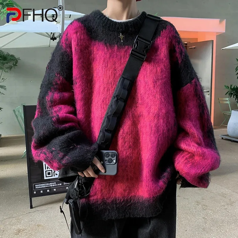 

PFHQ Men's Knit Pullover Brushed Gradient Color Sweater Trendy Contrast Color Handsome Round Neck Warm Thick Tops Autumn 21Z2715