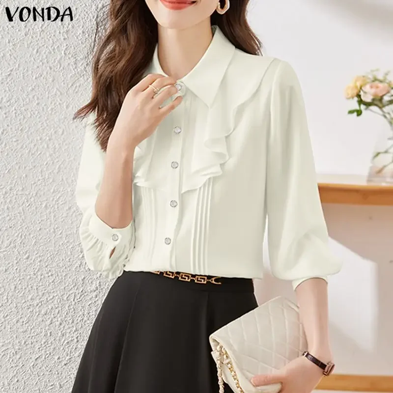 Vrouwen Shirts VONDA Elegant Office Lady Lange Mouw Ruches Blouse 2026 Lente Casual Solid Tuniek Tops Knoppen Streetwear Blusas