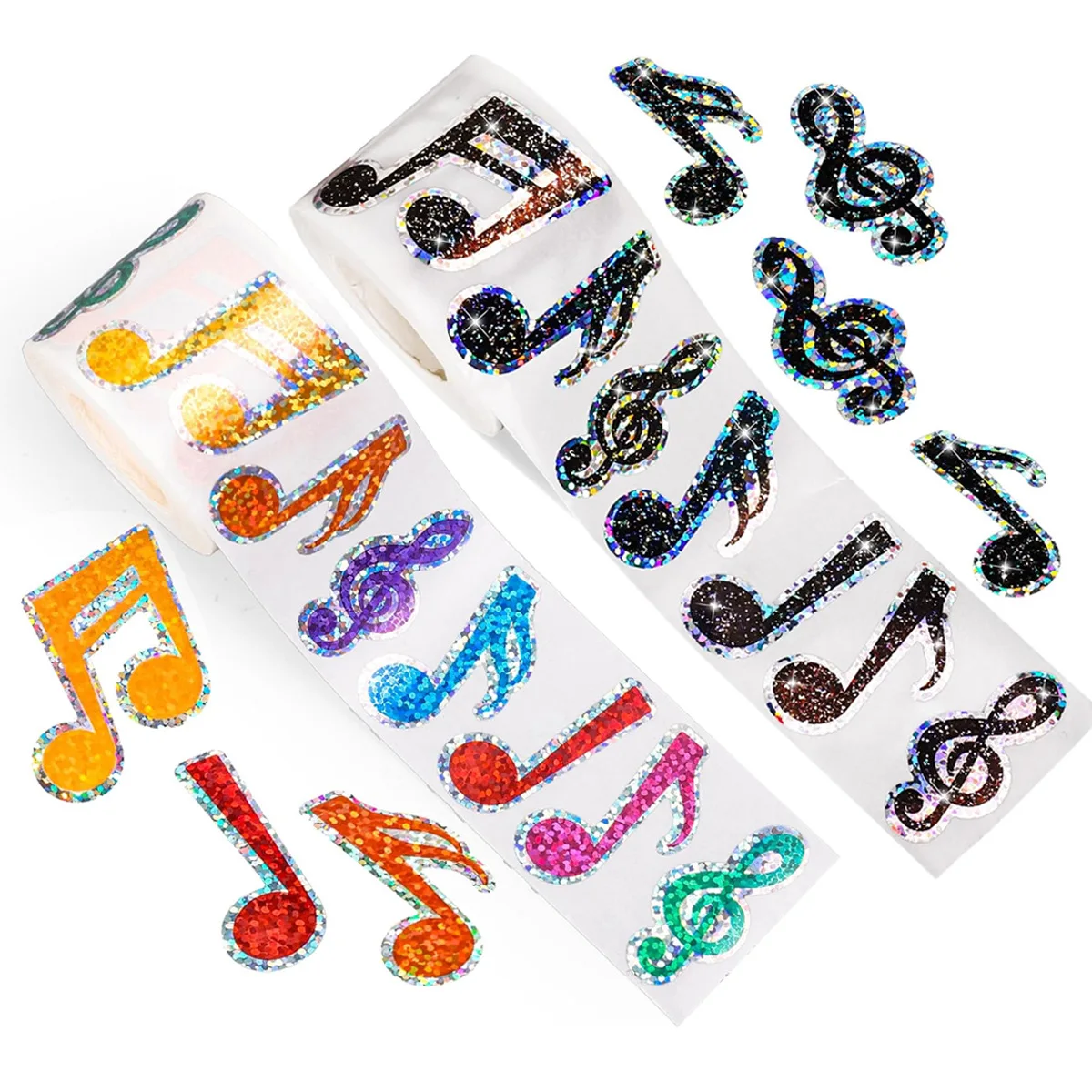 500Pcs/Roll Holographic Musical Note Stickers Glitter Adhesive Decals for Gift Sealing Scrapbooking Journal Phone DIY Decor