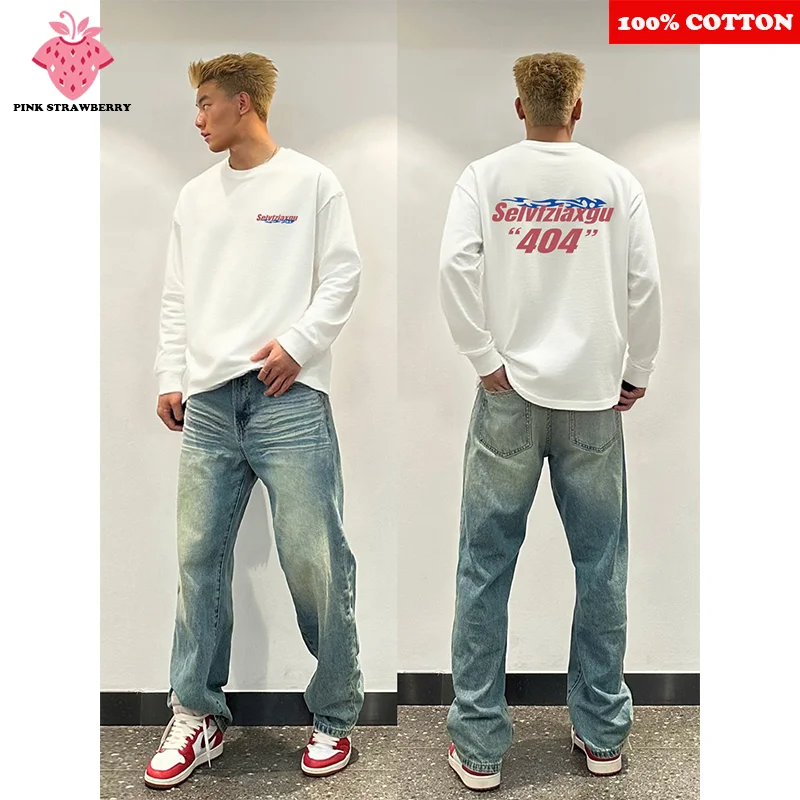 

100% Cotton White O-Neck Long sleeves T-shirt Men Autumn 2025 New Street Sports Gym Letter Print T-shirt Y2k Top Man clothing