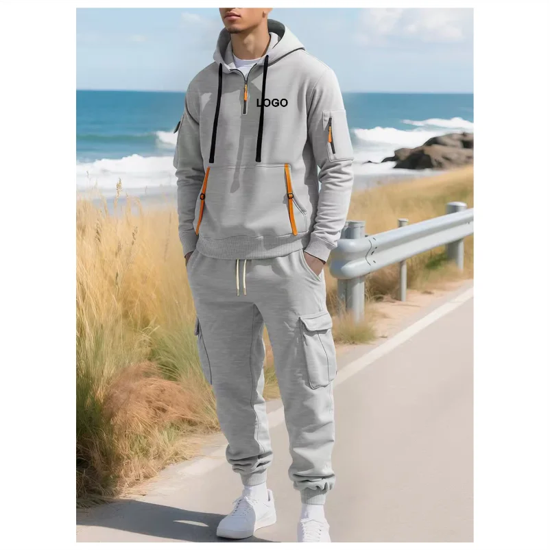 남성용 플리스 안감 후드 집업 멀티 포켓 카하트 작업복 세트 신상 가을/겨울 편안한 후드티 맞춤 로고