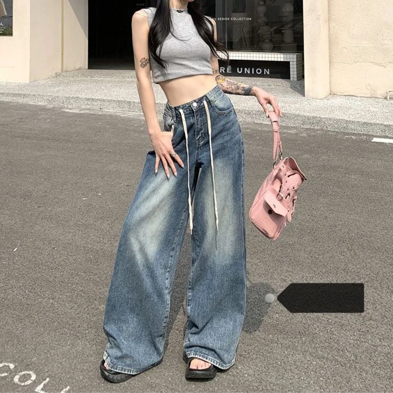 

American Retro Dstring Wide Leg Jeans Women's Summer Thin Loose Dra Pants High Waist Long Trousers Commute Sle