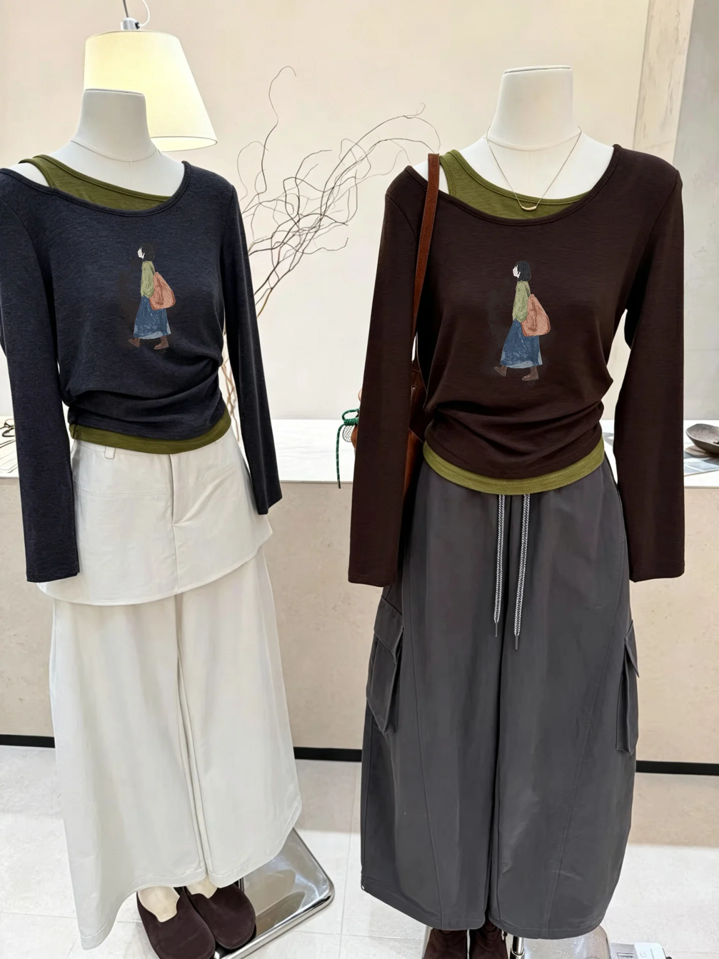 Retro American Style Long Sleeve Printed T-Shirt Women's Fall New Angle Collar Shoulder Exposure Slimming Top Cotton Material