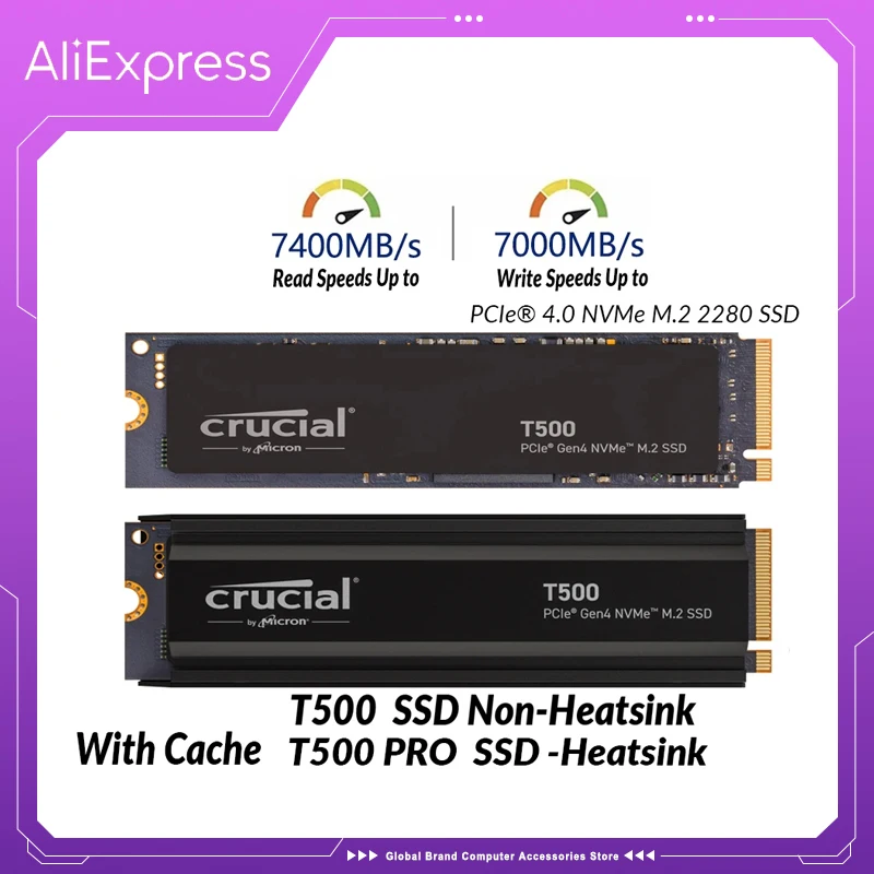 노트북 데스크탑 미니 PCIe 4.0 NVMe M.2 SSD, Crucial T500 SSD, 500GB, 1TB, 2TB, 7400 MB/s, Ps 5 용 내장 솔리드 스테이트 드라이브