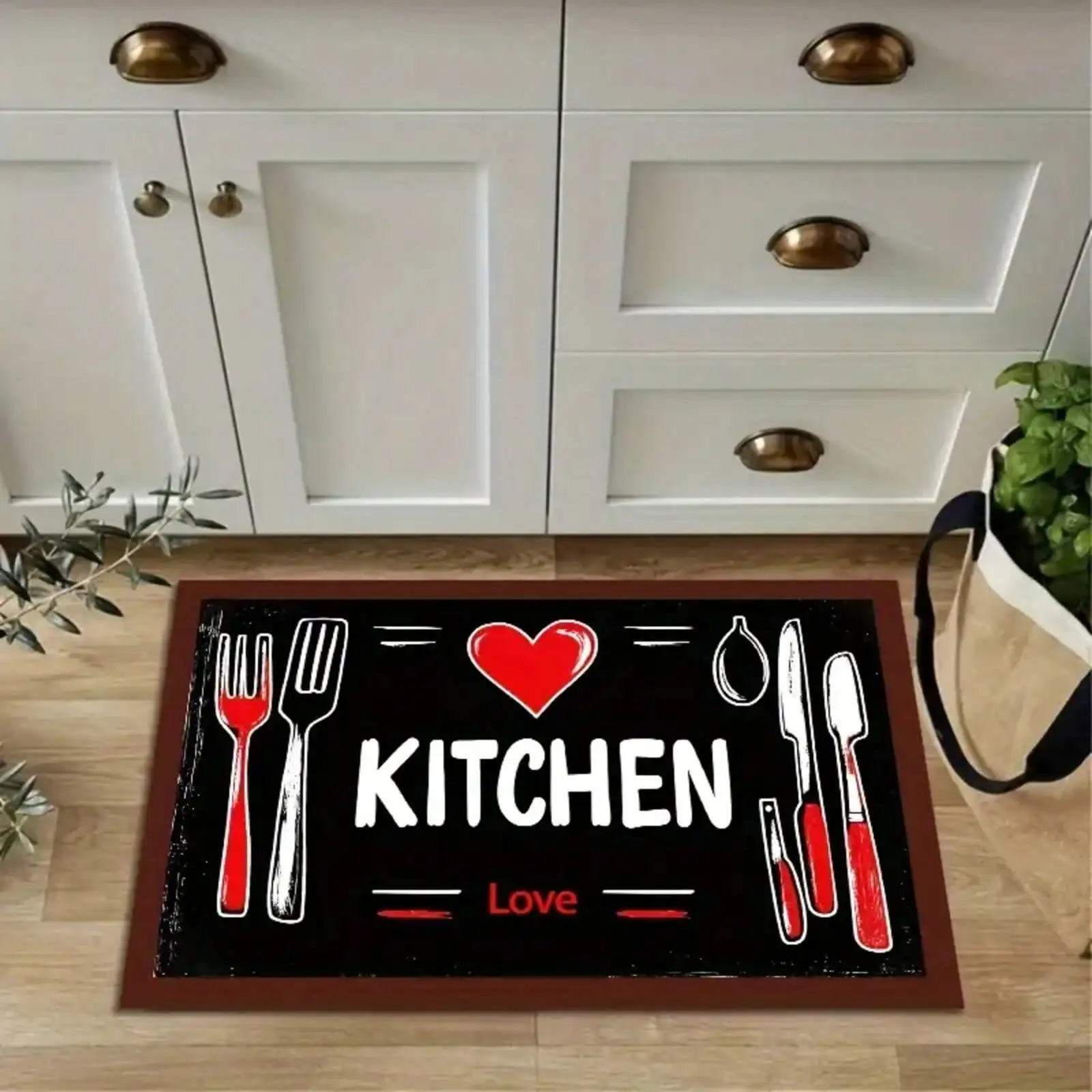 Kitchen Utensils Door Mat - Chef Tool Print Rug, Red Heart Entrance Mat, Black Kitchen Floor Mat, Non-Slip, Multiple Sizes