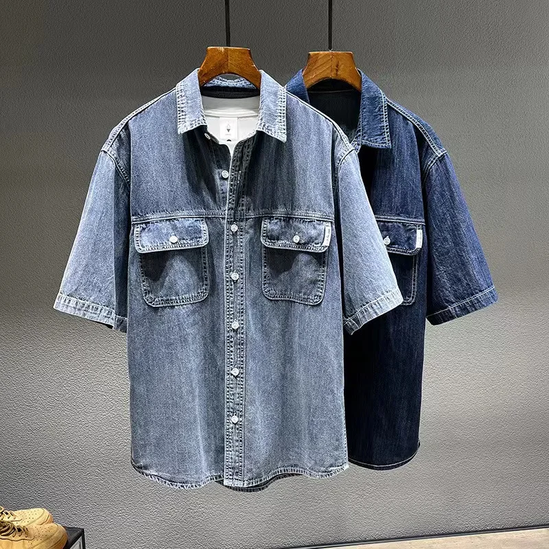 Summer New Men\'s Denim Short-sleeved Shirt Retro Large Size Tooling Loose Casual Denim Tops All-match 7XL 8XL