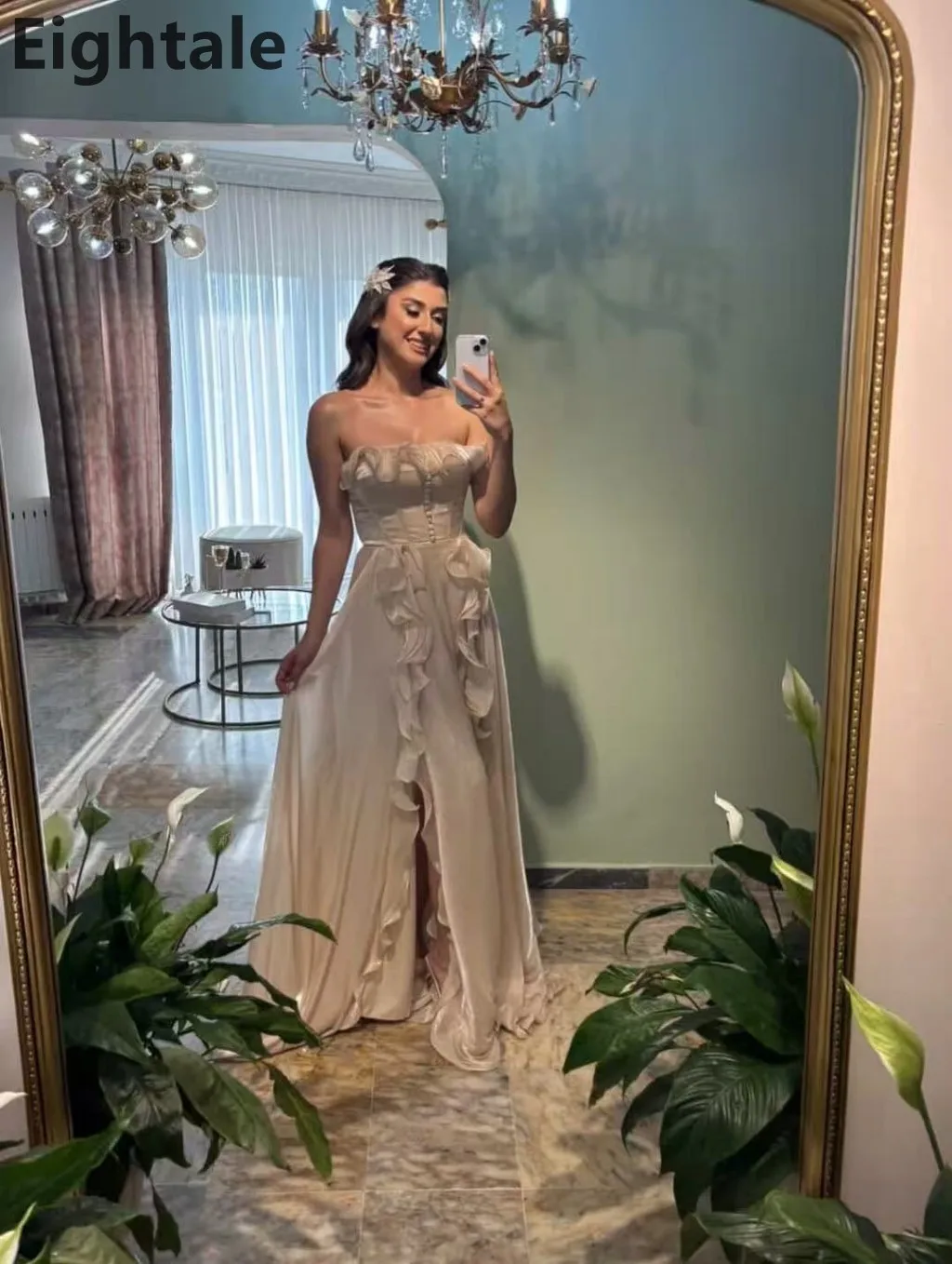 Robe de soirée trapèze Champagne, sans bretelles, fente latérale, pour fête de mariage, arabe saoudien, robe de bal, dubaï, personnalisée, 2025