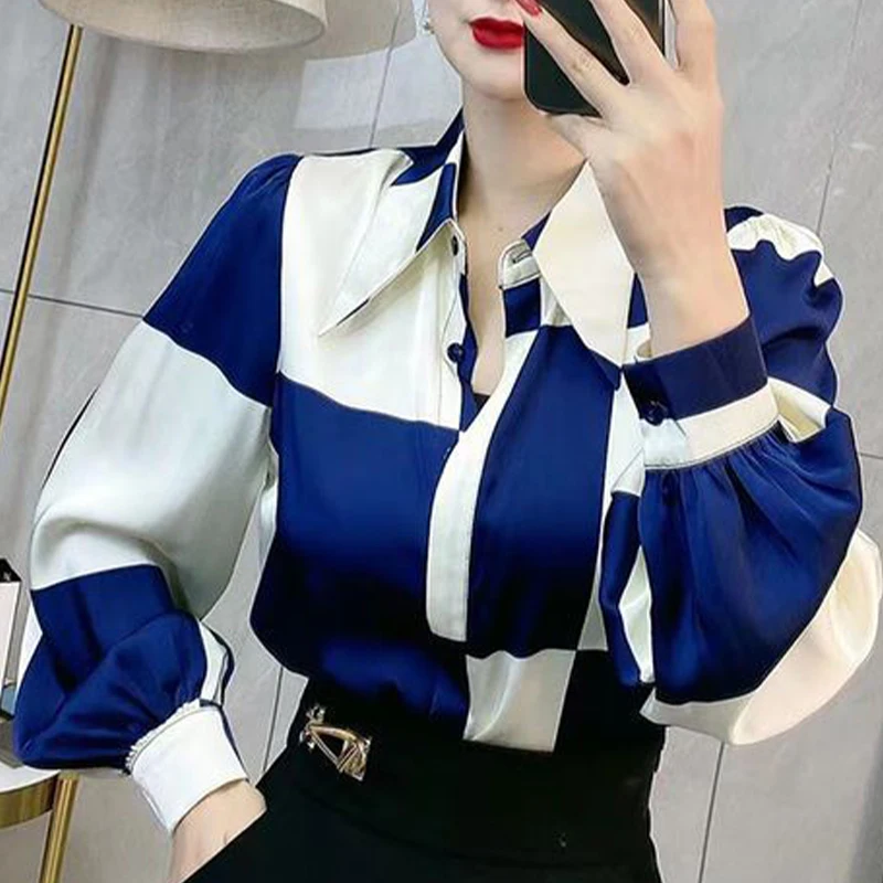 Autumn Elegant Fashion Office Lady Shirt Women Gentle Sophisticated Contrasting Color Turn Down Collar Long Lantern Sleeve Top